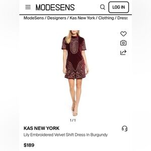 KAS New York Lily Embroidered Velvet Shirt Dress Party Cocktail Burgundy size XS